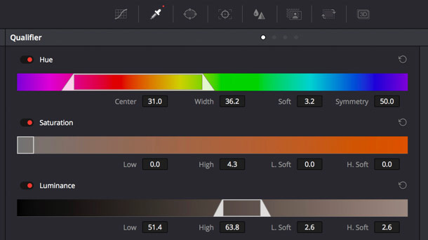 Isolate and track different parts of an image using HSL qualifiers, keyers and basic or custom rotoscope shapes so you can make targeted corrections.